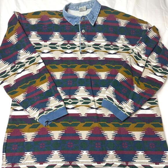 Vtg 90’s Structure Southwestern / Aztec Print Button Shirt XL.  Western Polo - Picture 1 of 10